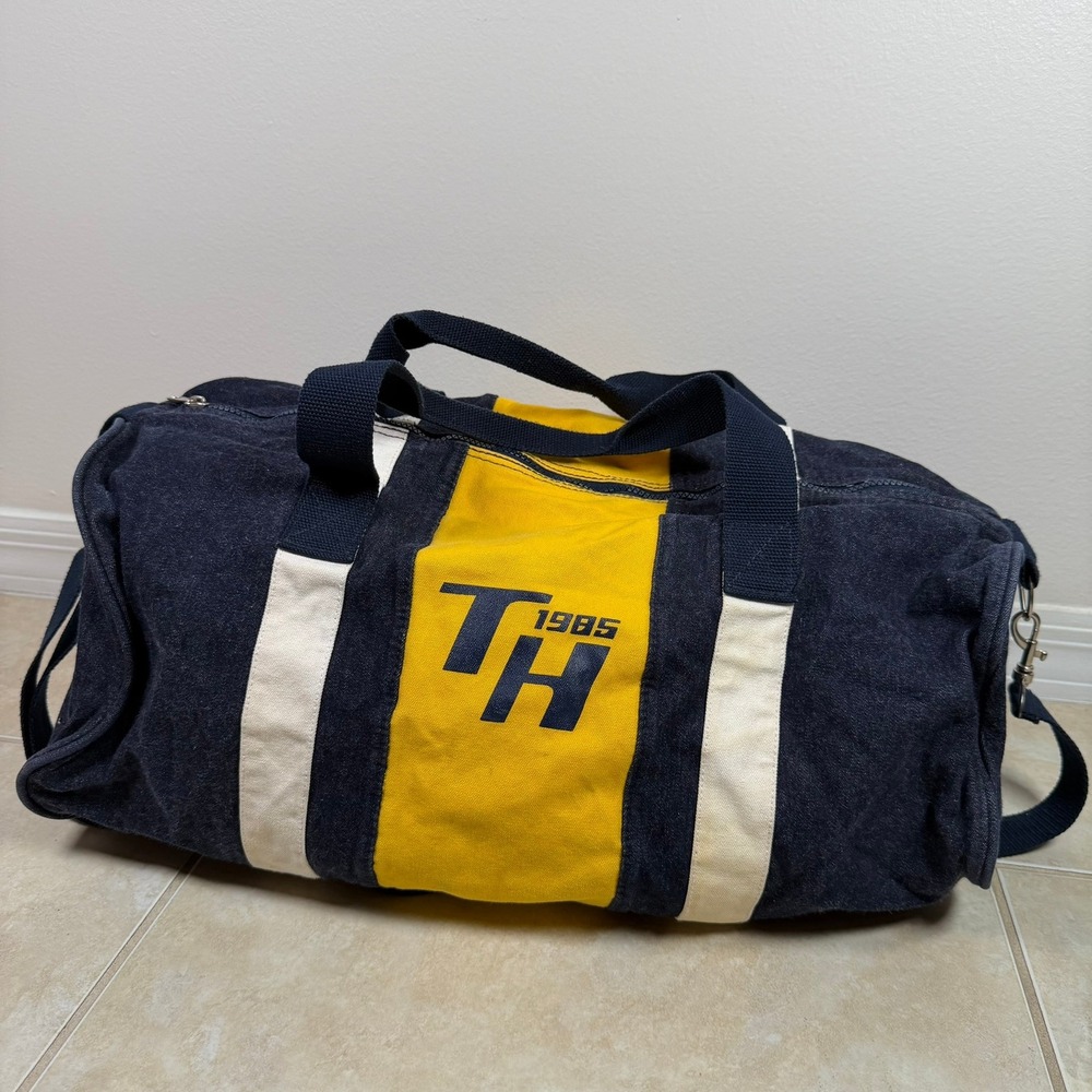 Vintage 1985 Tommy Hilfiger Duffle Bag Large Navy Yellow Denim Travel